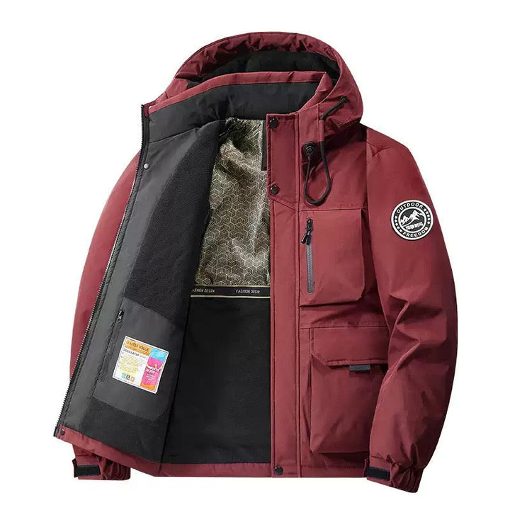 Men's waterproof insulated winter coat with hood, ideal for cold weather, rain, and everyday wear.