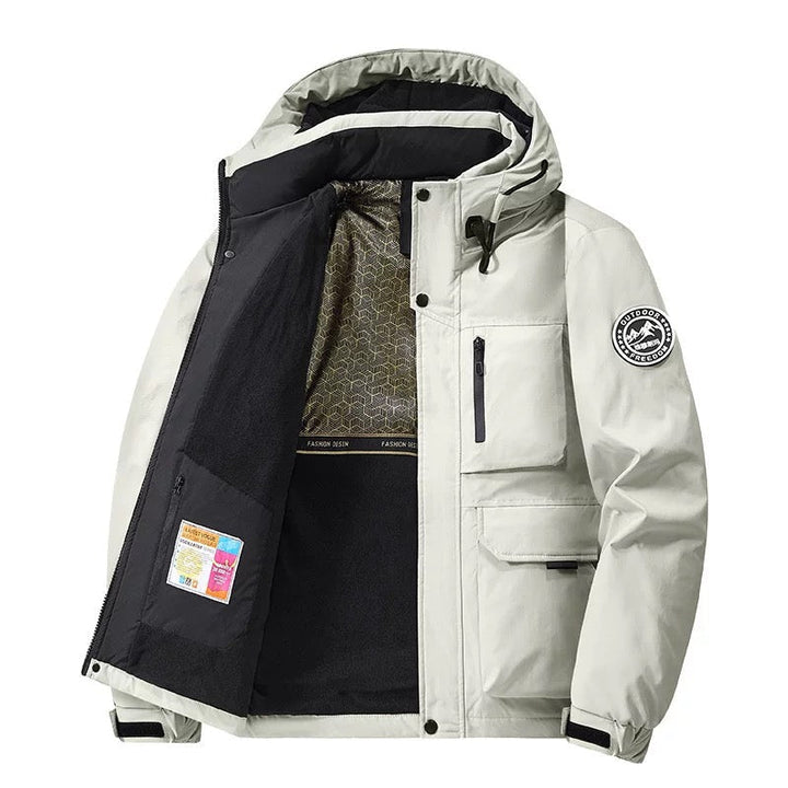 Front view of a men's waterproof insulated winter jacket, great for snow, rain, and everyday activities.