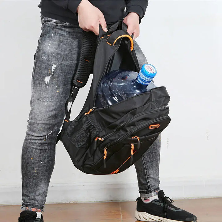 Modern men's waterproof business laptop backpack, organized for daily commute.