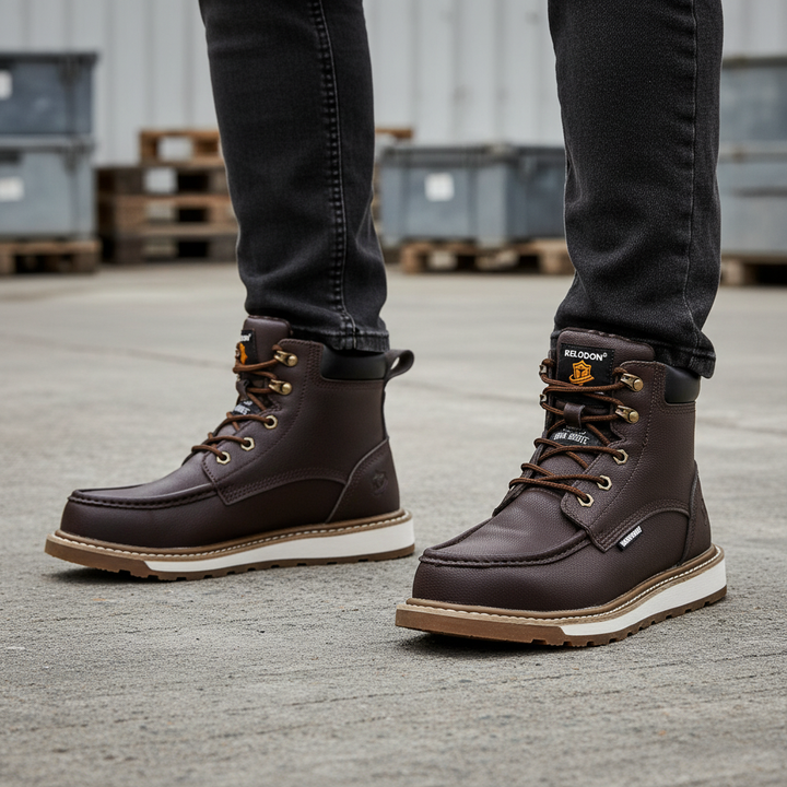 Men's waterproof leather work shoes, brown, lace-up, for autumn winter protection and comfort