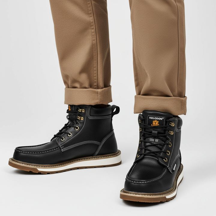 Stylish men's waterproof leather footwear, black, with non-slip sole, ideal for work