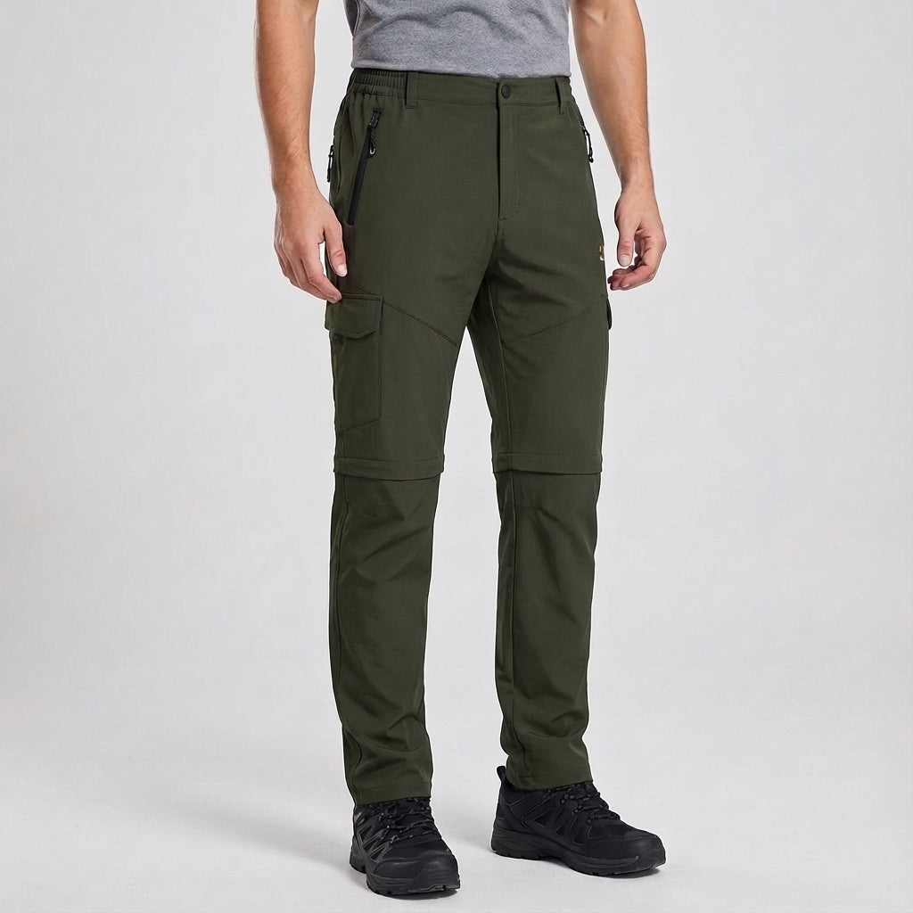 Folded men's waterproof lightweight hiking trousers, showcasing compact design for easy packing.