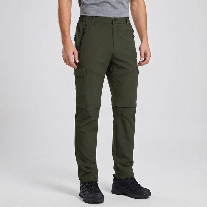 Folded men's waterproof lightweight hiking trousers, showcasing compact design for easy packing.