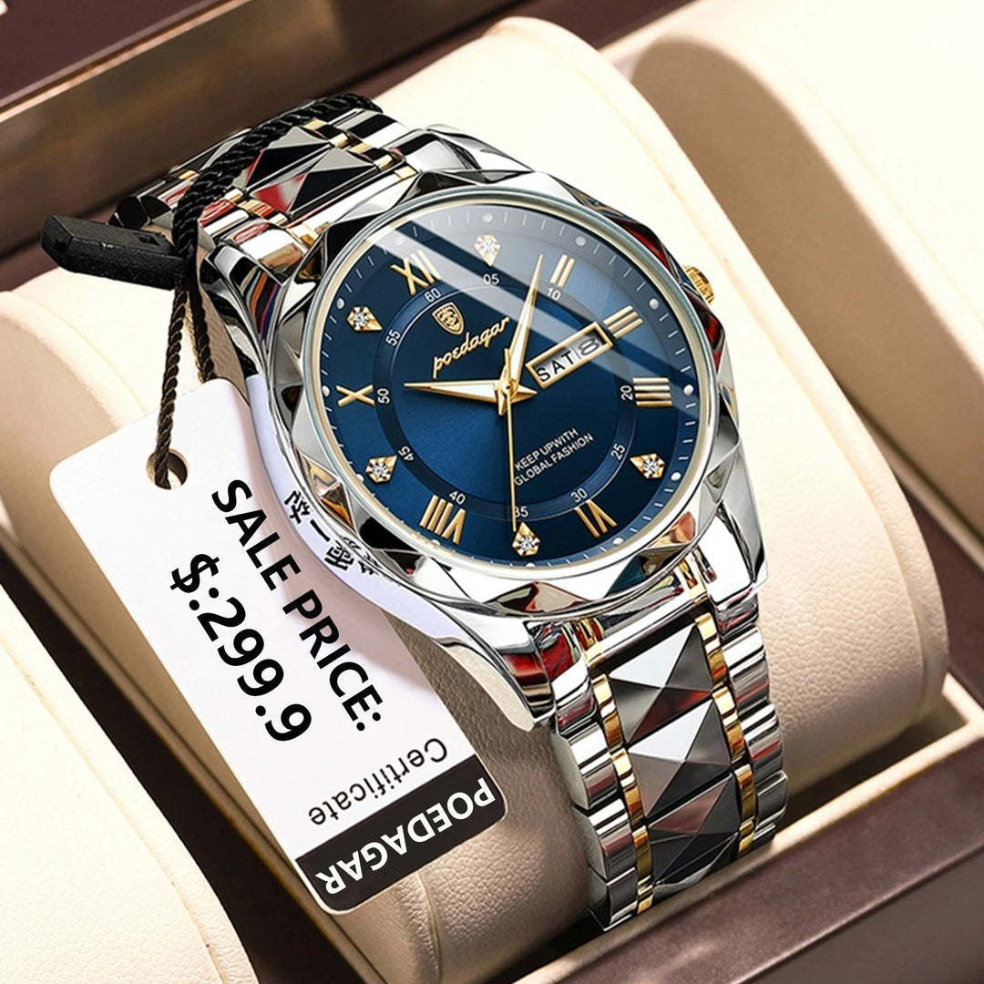 Men's waterproof luminous luxury quartz dress watch, elegant business timepiece.