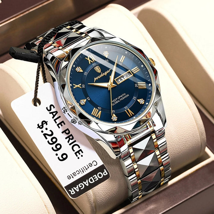 Men's waterproof luminous luxury quartz dress watch, elegant business timepiece.