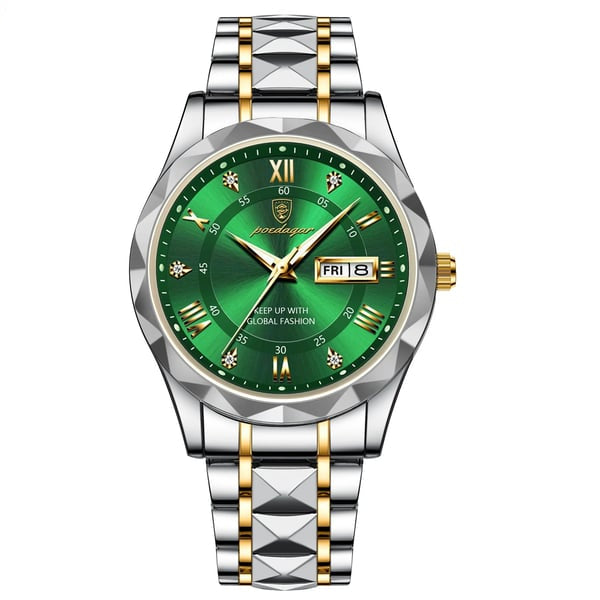 Side view of a men's waterproof luminous luxury quartz dress watch, classic elegant design.