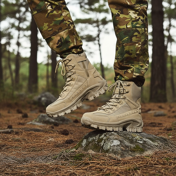 Men's waterproof non-slip tactical boots in black, ideal for outdoor use and hiking.