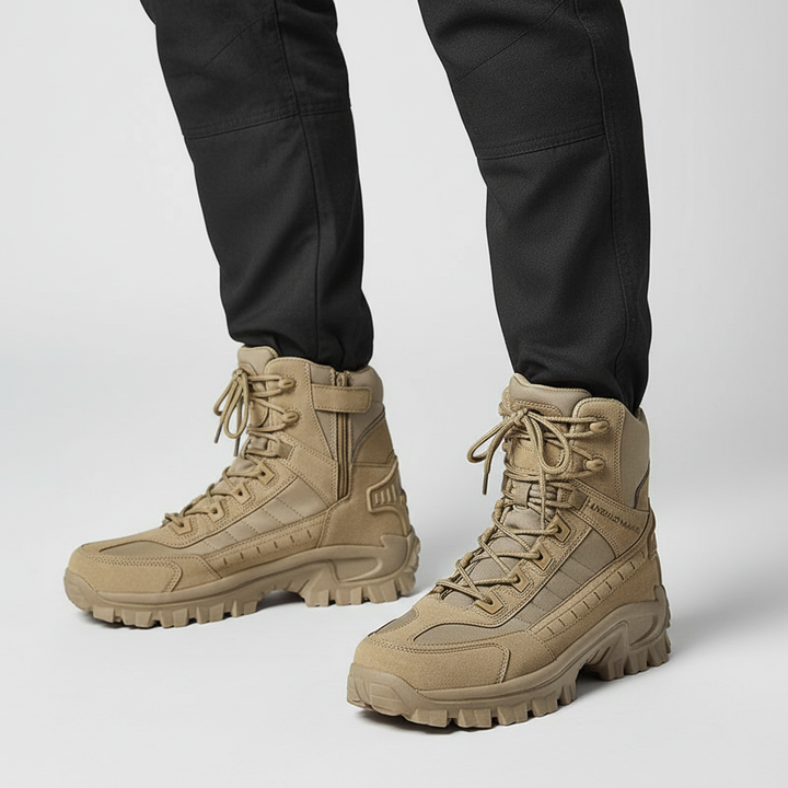 Durable men's tactical boots with non-slip sole and ankle support for work or hiking.