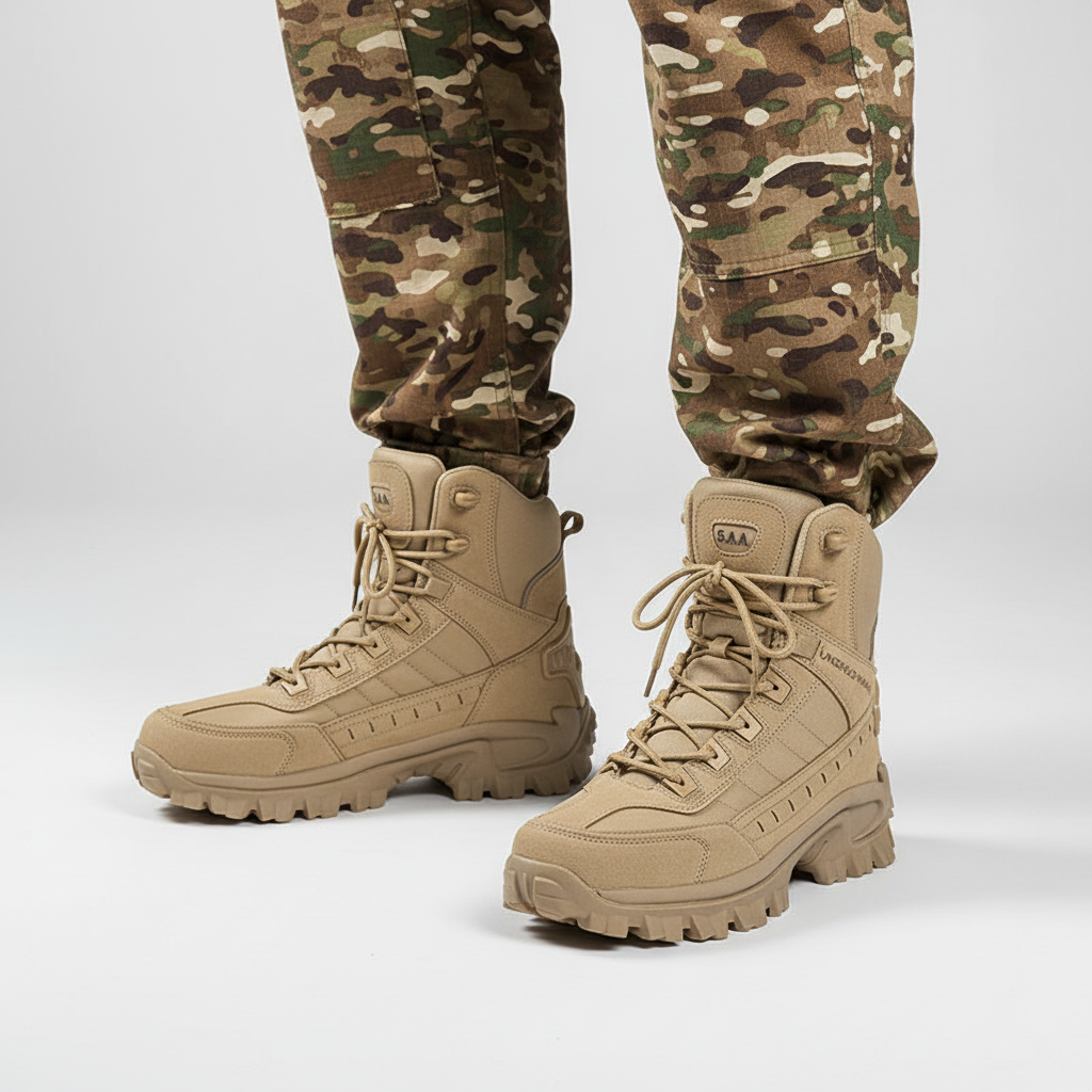 Close-up of the non-slip sole on men's black tactical boots, built for durability.