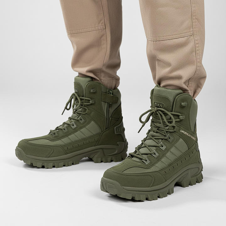 Pair of men's non-slip work boots, black and waterproof, designed for demanding outdoor activities.