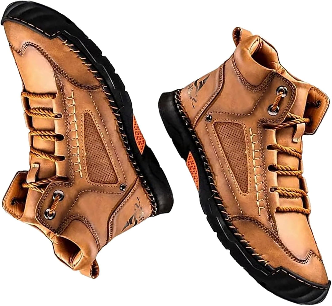 Men's waterproof orthopedic boots, arch support, non-slip soles, Renvar, brown leather, front view