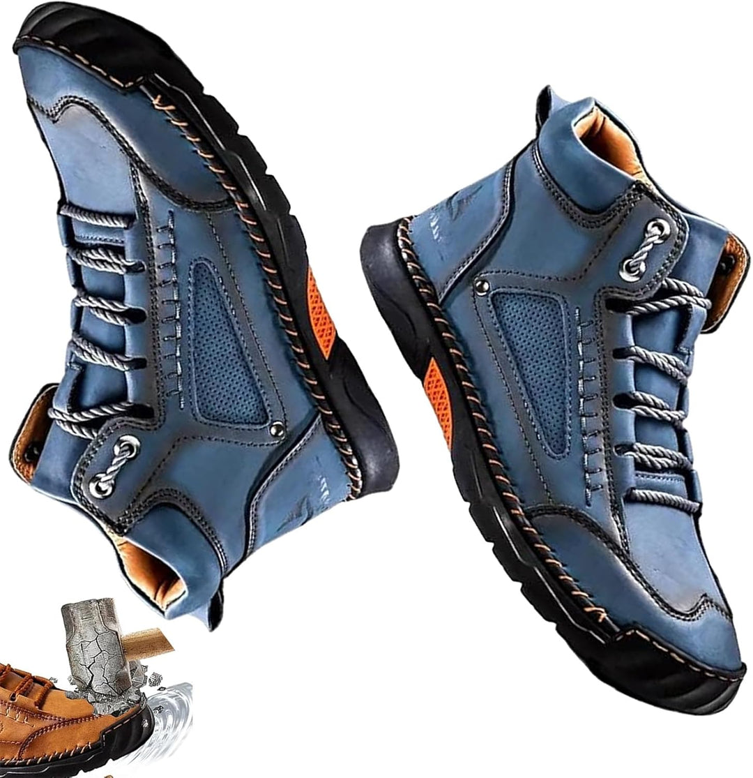 Renvar men's waterproof orthopedic boots, arch support, non-slip, styled with outdoor attire, full length