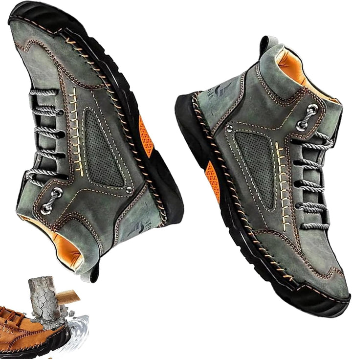 Renvar men's waterproof orthopedic boots, arch support, non-slip, close-up of laces and eyelets