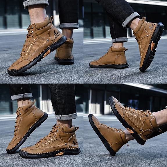 Detail of Renvar men's waterproof orthopedic boots' arch support and non-slip sole texture