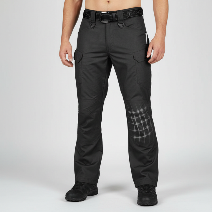 Close-up of men's waterproof hiking pants fabric, showing quick dry and durability features