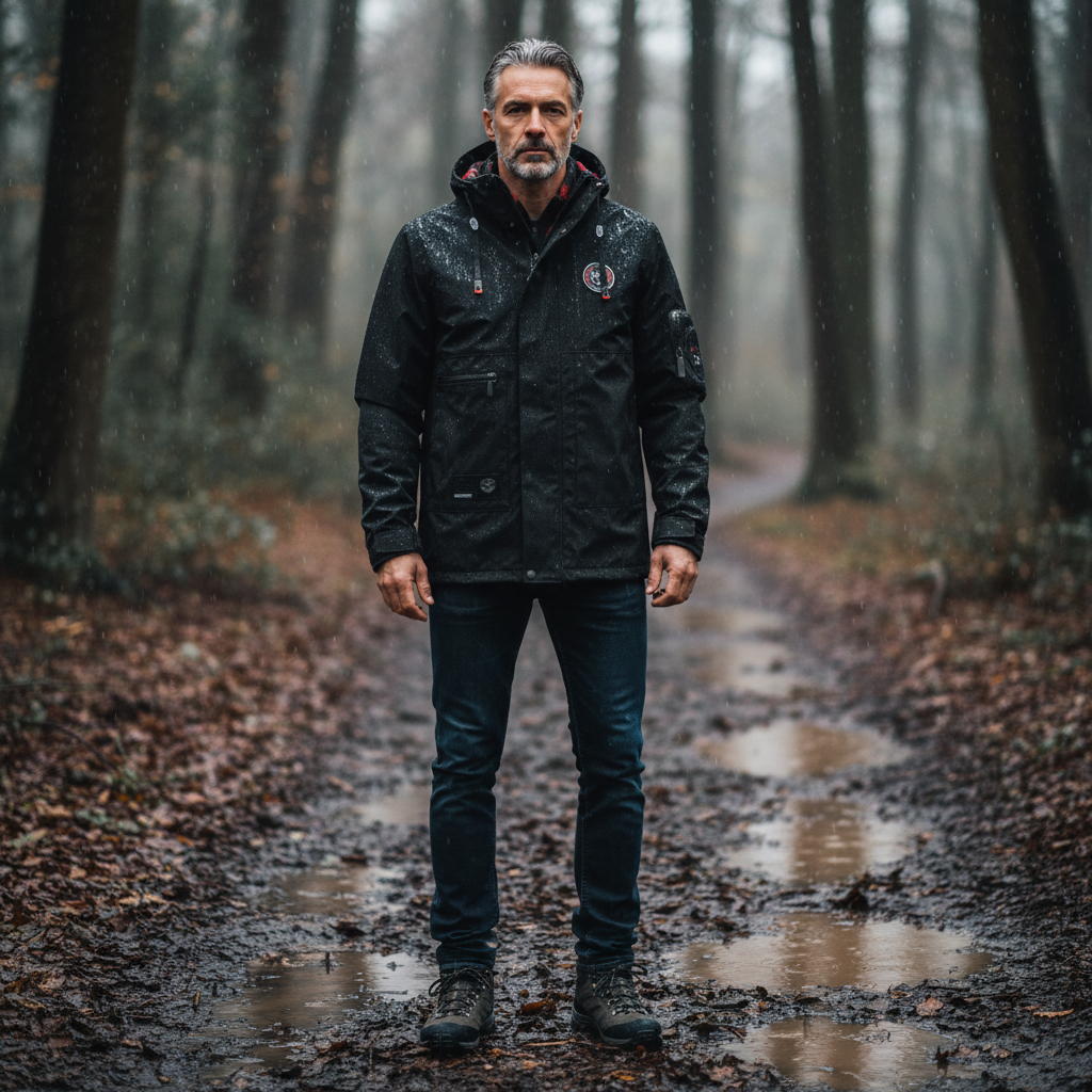 Men's waterproof outdoor jacket, windproof with checkered lining, ideal for spring & autumn casual wear.