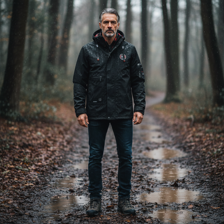 Men's waterproof outdoor jacket, windproof with checkered lining, ideal for spring & autumn casual wear.