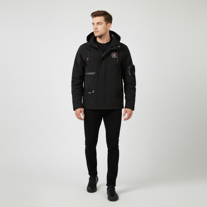 Front view of men's waterproof outdoor jacket, suitable for spring/autumn, with practical pockets & high collar.