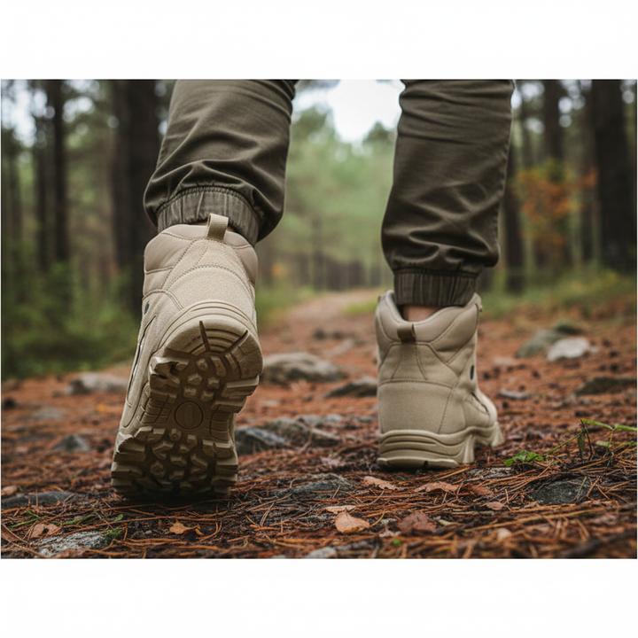 Men's waterproof outdoor walking shoes, black with blue accents, durable sole for hiking and all-weather.