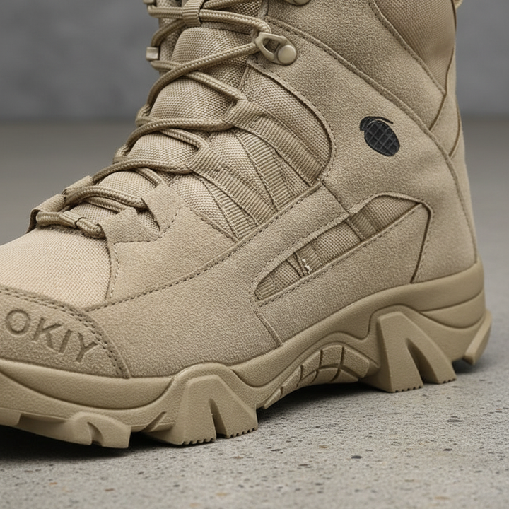 Close-up of men's waterproof hiking shoes, breathable mesh & sturdy sole, perfect for all-weather outdoor-walking.