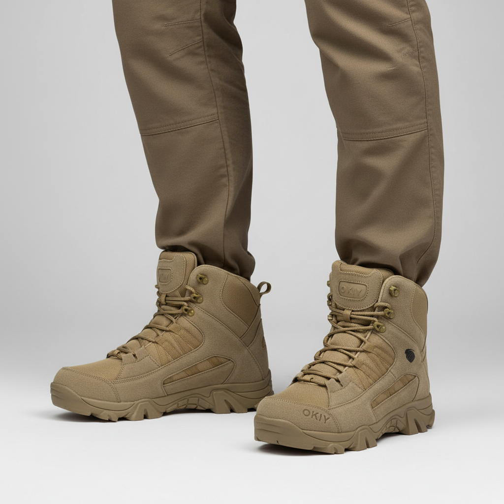 Stylish men's waterproof sneakers, brown leather & textile, offering support and durability for outdoor walking.