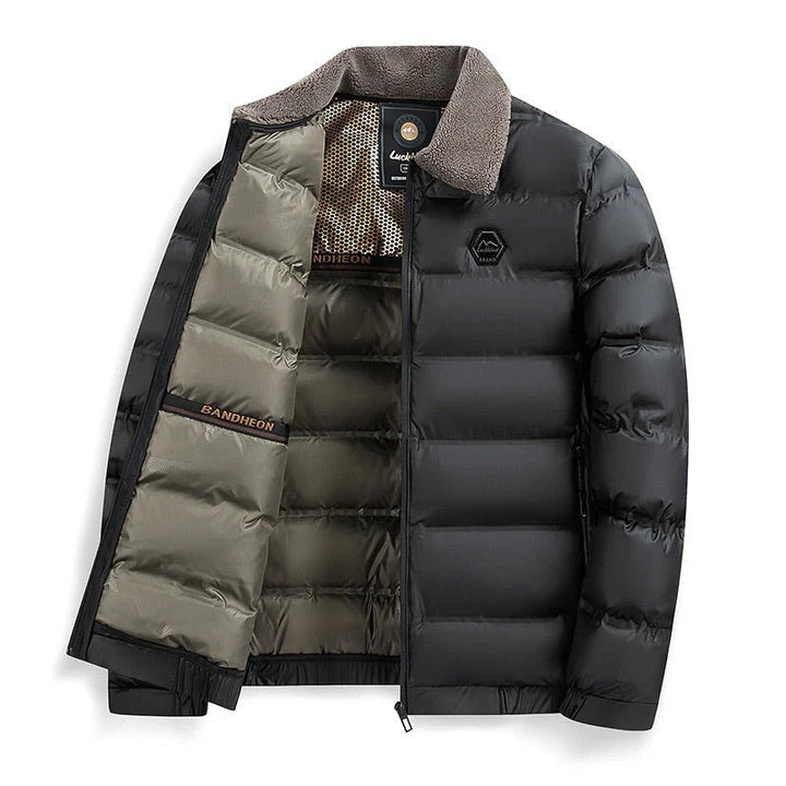 Men's waterproof padded winter jacket for extreme cold. Insulated for warmth, durable outerwear.