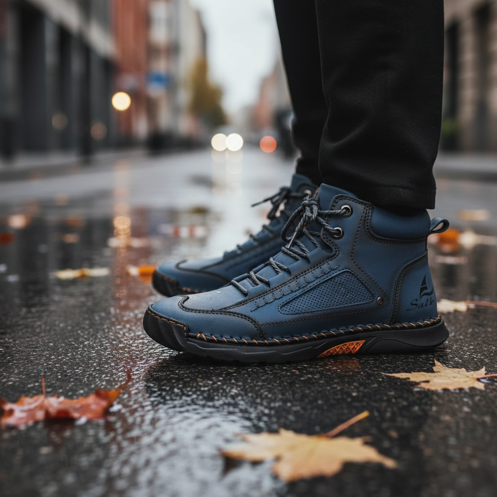 Men's waterproof Sidney ankle boots with flexible sole, black leather, suitable for winter