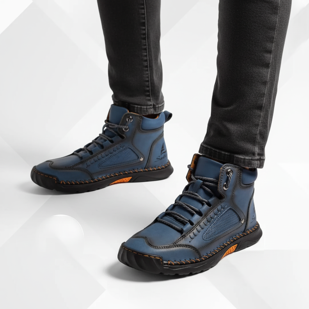 Close-up of men's waterproof ankle boots, Sidney model, showing breathable, non-slip sole