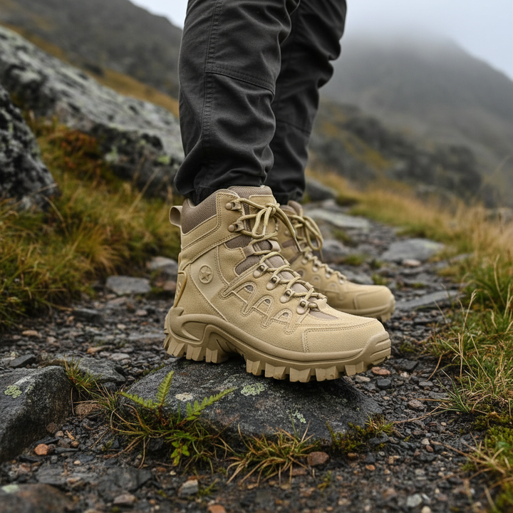 Men's waterproof tactical boots in khaki, lightweight and durable for outdoor hiking