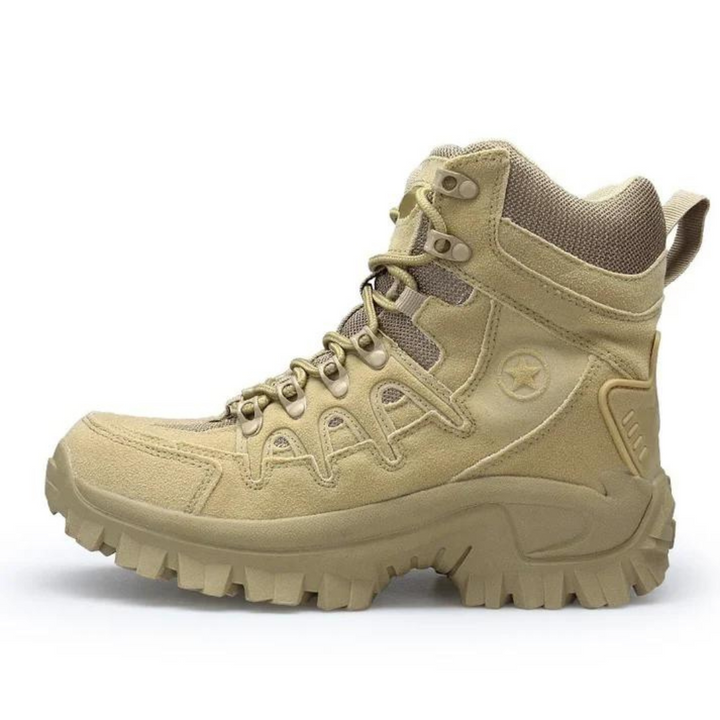 Close-up of khaki waterproof tactical boots with rugged sole for men's outdoor activities