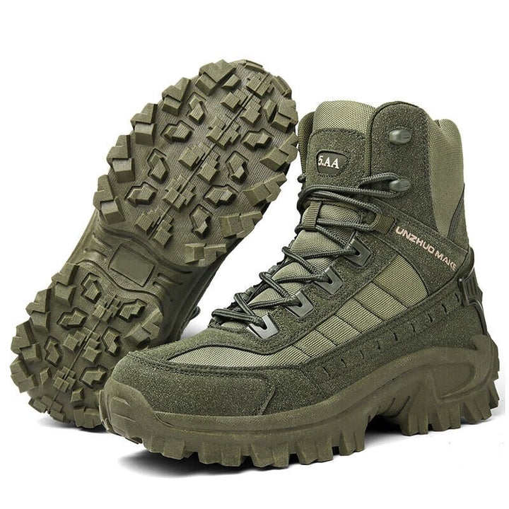 Men's Tactical Work Boots: Full view, black, waterproof, anti-puncture sole, non-slip, offering superior protection.