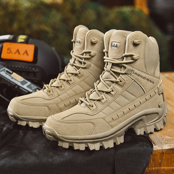 Men's Outdoor Footwear: Black waterproof tactical boots, anti-puncture sole, non-slip grip, ideal for harsh conditions.