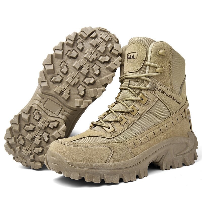 Durable Tactical Boots: Grey men's waterproof work boots with anti-puncture sole, non-slip traction & ankle protection.