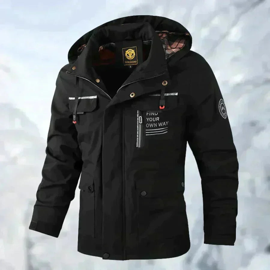 Comfortable men's waterproof winter jacket, providing warmth & dryness for harsh cold weather. Essential gear.