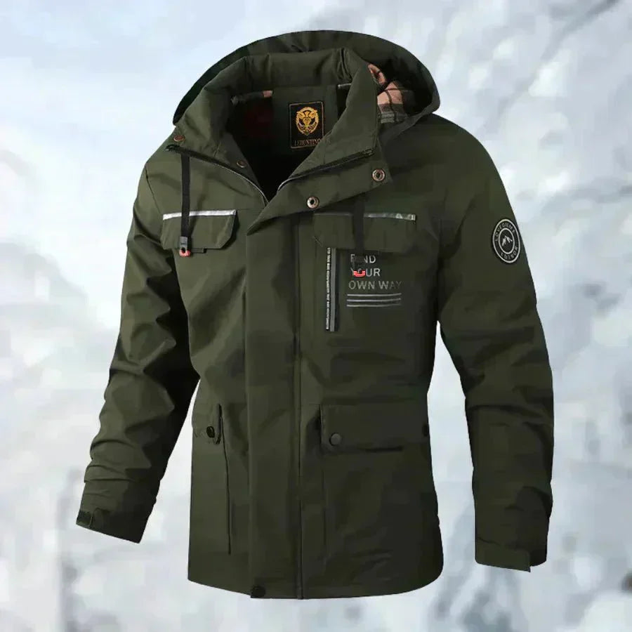 High-performance men's waterproof winter jacket, built for extreme cold & wet conditions. Essential outdoor coat.