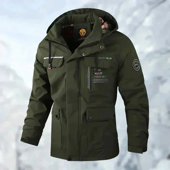 High-performance men's waterproof winter jacket, built for extreme cold & wet conditions. Essential outdoor coat.