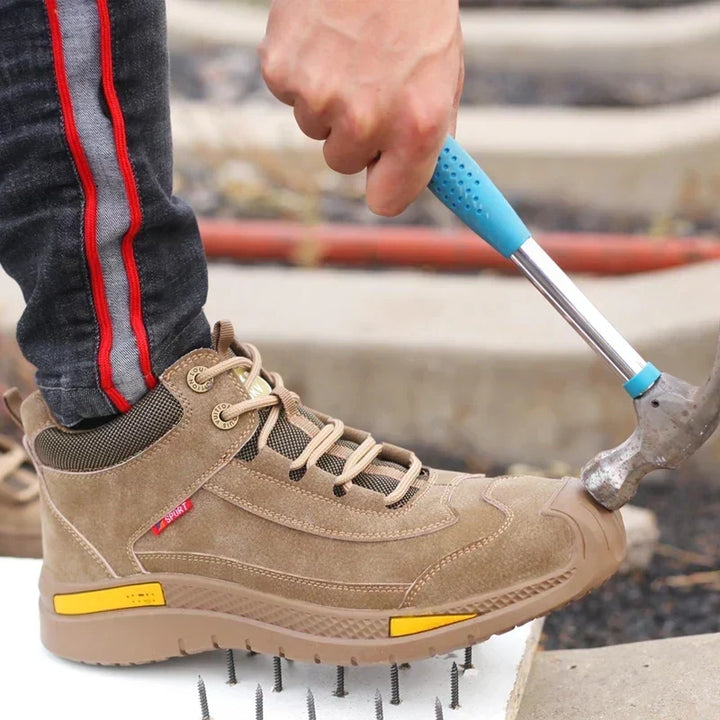 Comfortable men's waterproof work boots, protective safety shoes designed for industrial, construction, & outdoor wear.