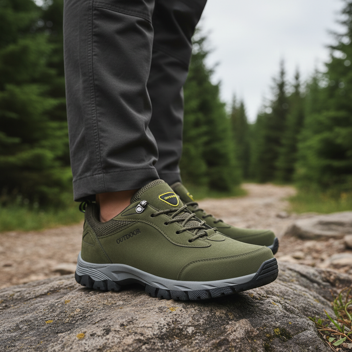 Men's Wesley breathable hiking shoes, grey synthetic leather, and black sole, for outdoor walking.