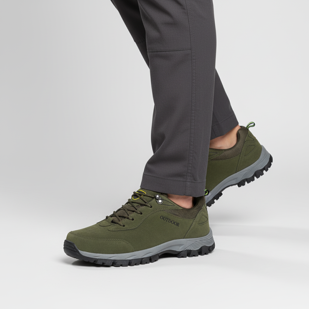 Close-up of men's breathable hiking shoes, Wesley model, showing textured synthetic upper and laces.