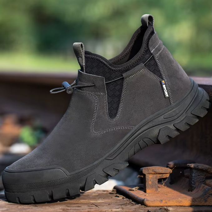Brown West Ridge steel-toe slip-on work boots, non-slip sole, rugged safety footwear.