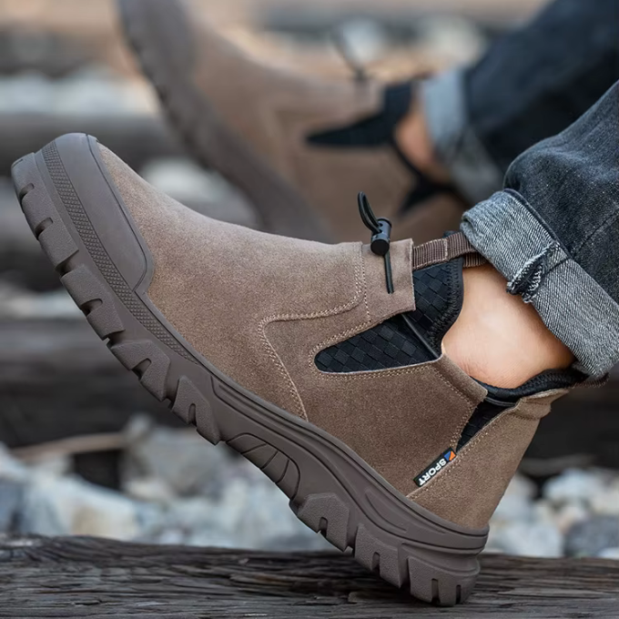 Pair of West Ridge black steel-toe slip-on work boots, front view, rugged footwear.