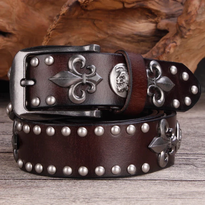 Men's western style brown belt with studded details & prominent fleur-de-lis buckle. Cowboy fashion accessory.
