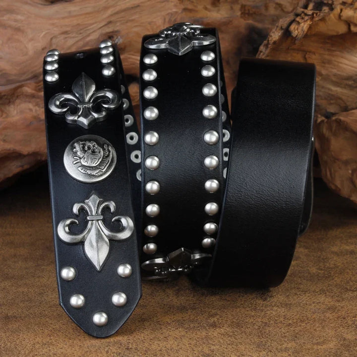 Coffee brown men's western style belt with intricate studded patterns and a classic fleur-de-lis buckle.