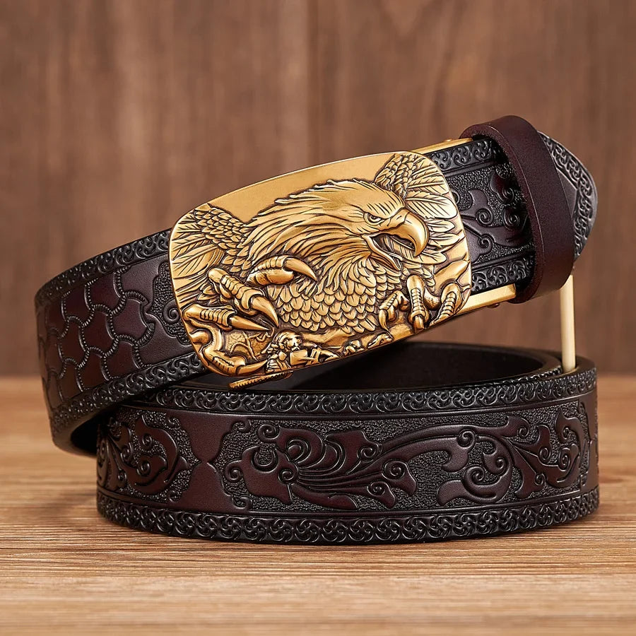 Men's casual split leather belt with a unique western-style eagle buckle, a must-have fashion accessory.