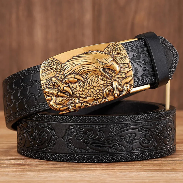 Rugged men's split leather belt featuring a detailed silver eagle buckle, ideal casual fashion accessory.