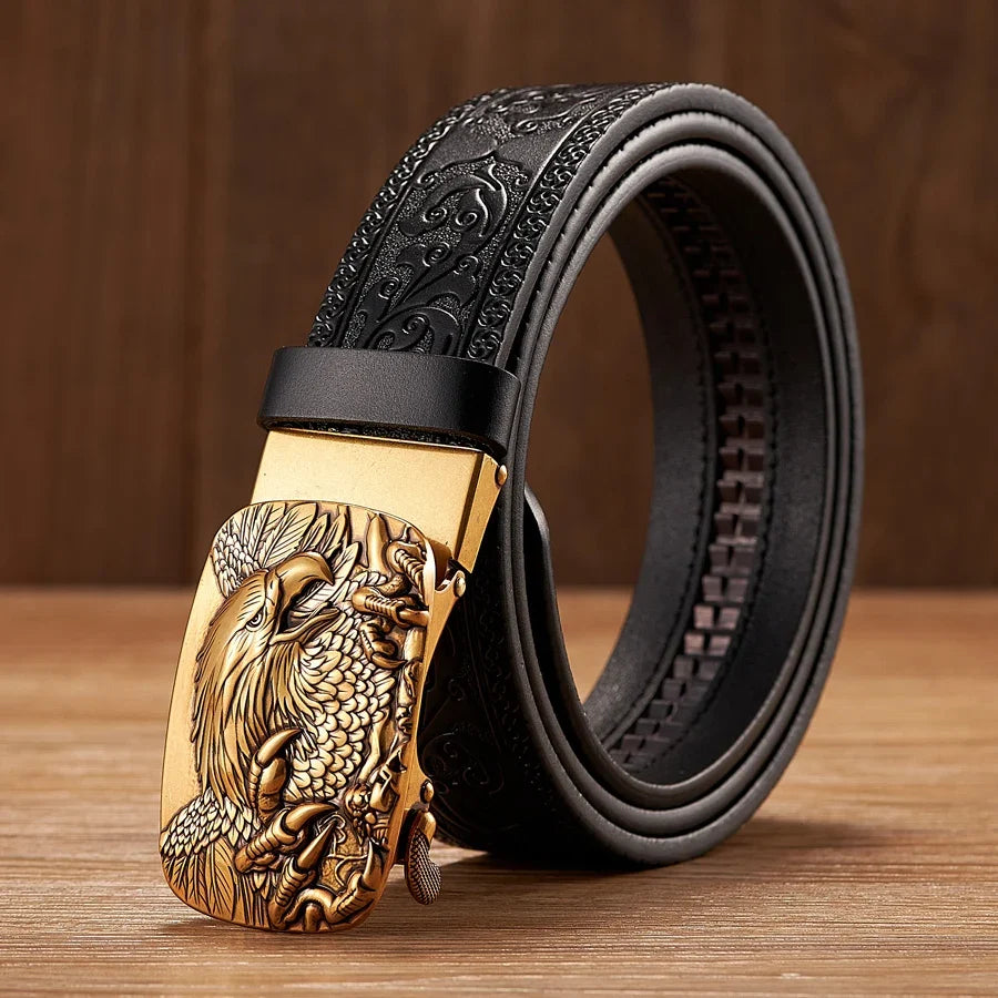Close-up of a men's split leather belt showcasing a finely detailed eagle head buckle, a distinctive accessory.