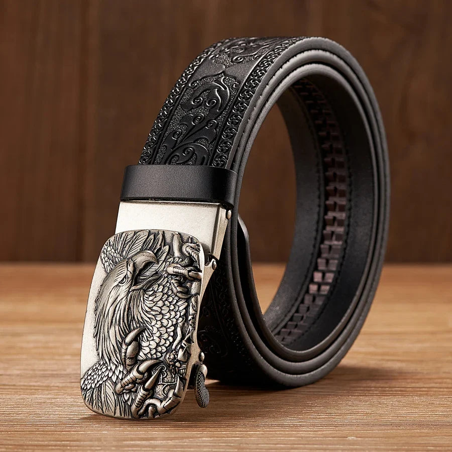 Versatile men's split leather belt with a unique eagle buckle, great for western or casual fashion.