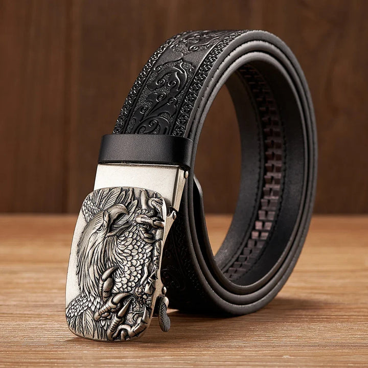 Versatile men's split leather belt with a unique eagle buckle, great for western or casual fashion.