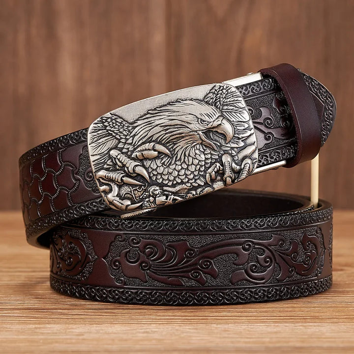 Fashionable men's split leather belt with an impressive eagle buckle, completing a strong western statement.