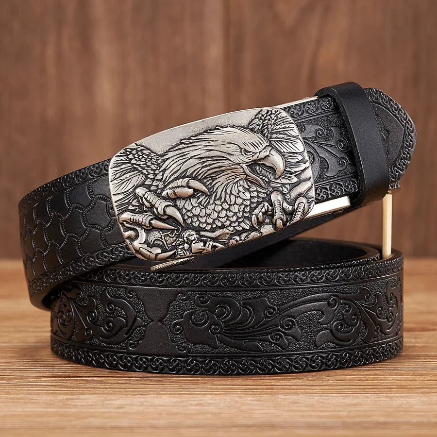 For men: a robust split leather belt, adorned with a large, detailed eagle buckle; ideal for a cowboy aesthetic.